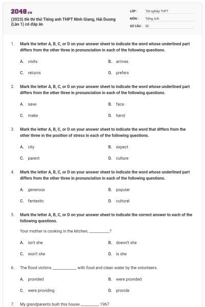 (2023) Đề thi thử Tiếng anh THPT Ninh Giang, Hải Dương (Lần 1) có đáp án