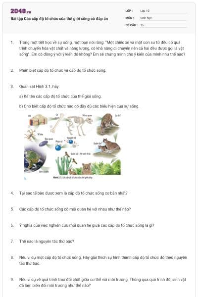 Bài tập Các cấp độ tổ chức của thế giới sống có đáp án