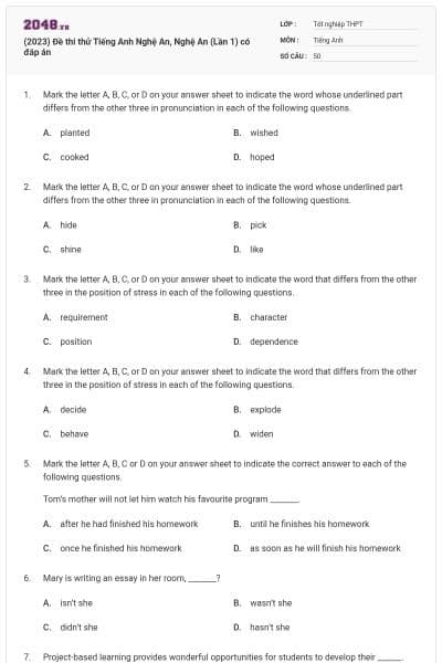 (2023) Đề thi thử Tiếng Anh Nghệ An, Nghệ An (Lần 1) có đáp án