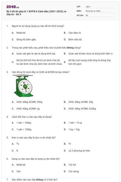 Bộ 4 đề thi giữa kì 1 KHTN 6 Cánh diều (2021-2022) có đáp án - Đề 4