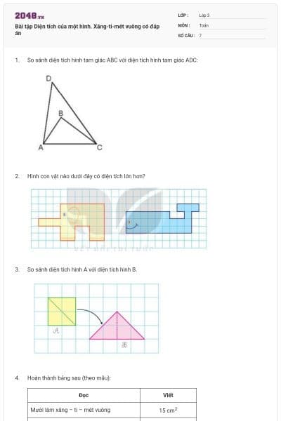 Bài tập Diện tích của một hình. Xăng-ti-mét vuông có đáp án