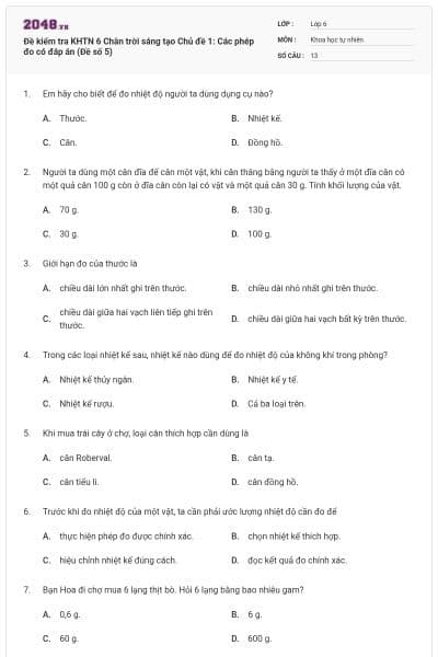 Đề kiểm tra KHTN 6 Chân trời sáng tạo Chủ đề 1: Các phép đo có đáp án (Đề số 5)
