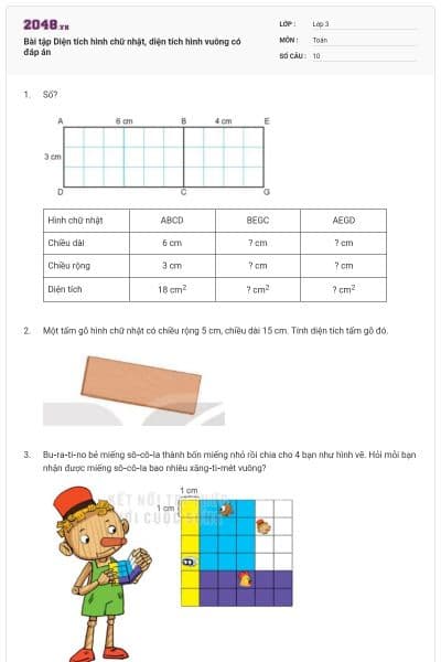 Bài tập Diện tích hình chữ nhật, diện tích hình vuông có đáp án