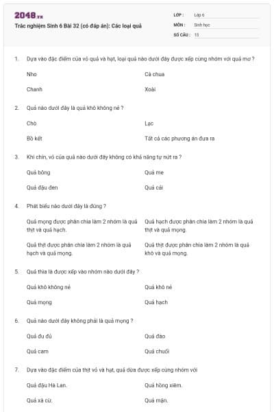 Trắc nghiệm Sinh 6 Bài 32 (có đáp án): Các loại quả
