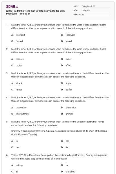 (2023) Đề thi thử Tiếng Anh Sở giáo dục và đào tạo Vĩnh Phúc (Lần 1) có đáp án