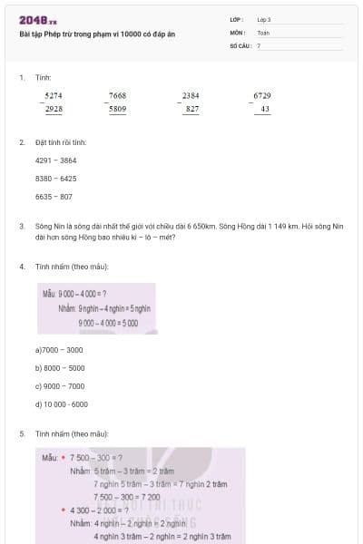 Bài tập Phép trừ trong phạm vi 10000 có đáp án