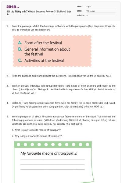 Bài tập Tiếng anh 7 Global Success Review 3. Skills có đáp án