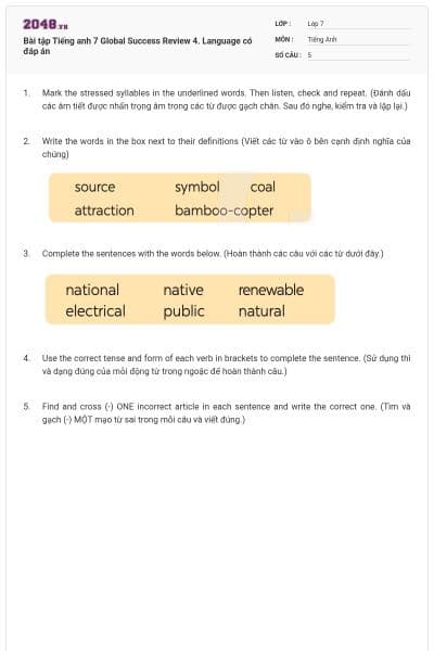 Bài tập Tiếng anh 7 Global Success Review 4. Language có đáp án