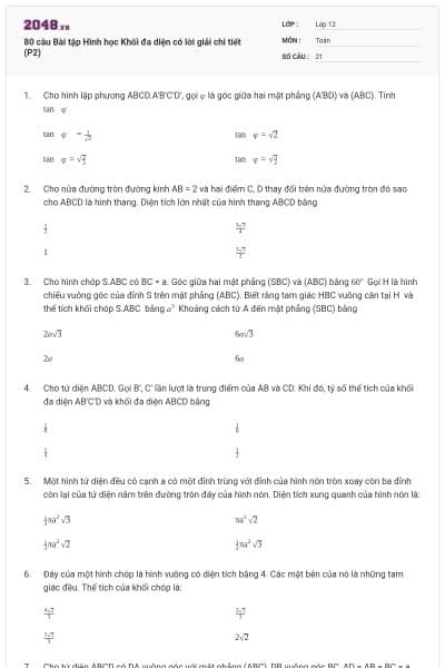 80 câu Bài tập Hình học Khối đa diện có lời giải chi tiết (P2)