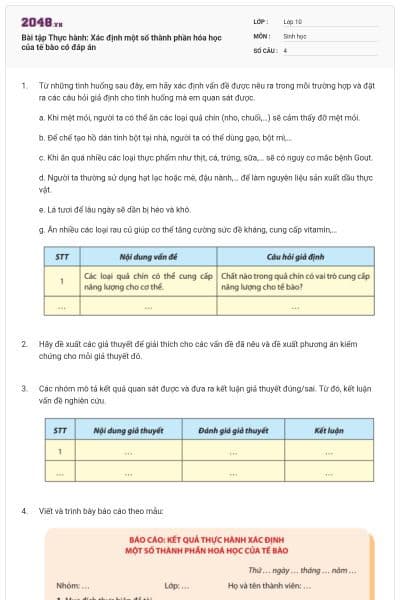 Bài tập Thực hành: Xác định một số thành phần hóa học của tế bào có đáp án