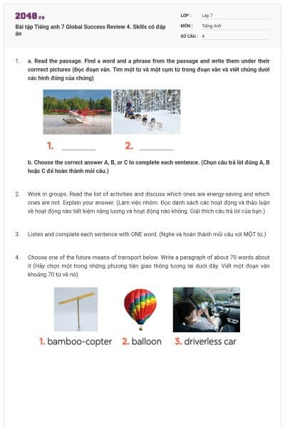 Bài tập Tiếng anh 7 Global Success Review 4. Skills có đáp án