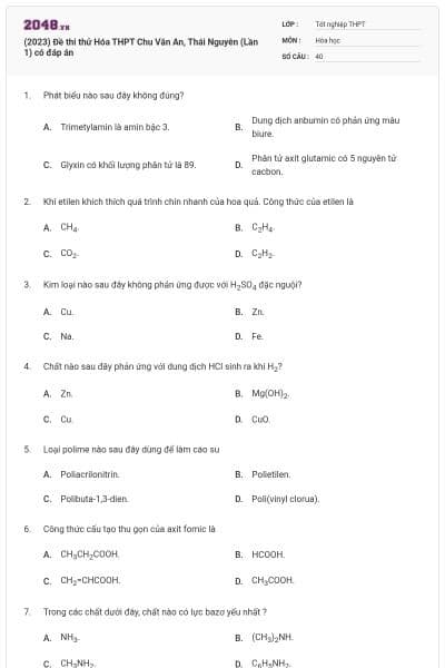 (2023) Đề thi thử Hóa THPT Chu Văn An, Thái Nguyên (Lần 1) có đáp án