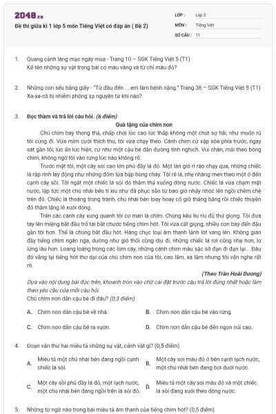 Đề thi giữa kì 1 lớp 5 môn Tiếng Việt có đáp án ( Đề 2)