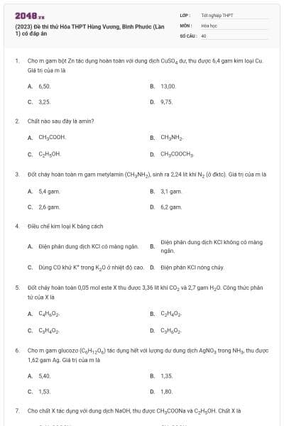 (2023) Đề thi thử Hóa THPT Hùng Vương, Bình Phước (Lần 1) có đáp án