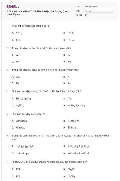 (2023) Đề thi thử Hóa THPT Thanh Miện, Hải Dương (Lần 1) có đáp án