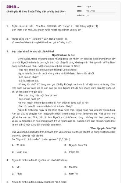 Đề thi giữa kì 1 lớp 5 môn Tiếng Việt có đáp án ( Đề 4)