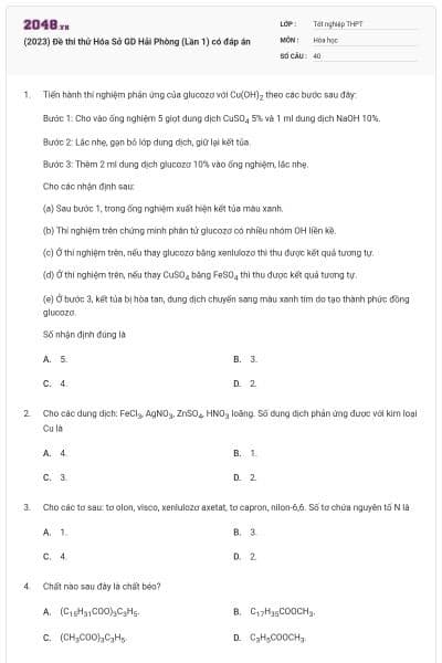 (2023) Đề thi thử Hóa Sở GD Hải Phòng (Lần 1) có đáp án