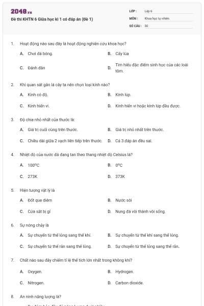 Đề thi KHTN 6 Giữa học kì 1 có đáp án (Đề 1)
