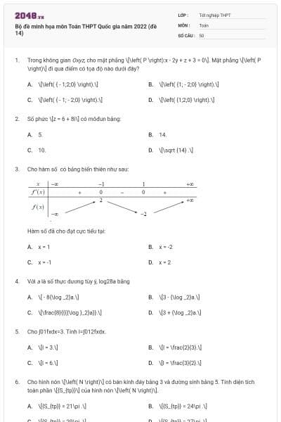 Bộ đề minh họa môn Toán THPT Quốc gia năm 2022 (đề 14)