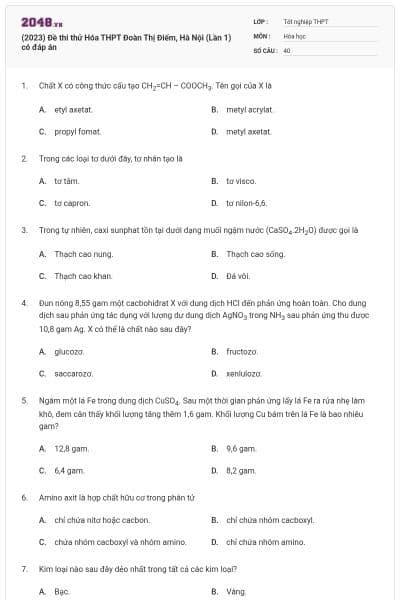 (2023) Đề thi thử Hóa THPT Đoàn Thị Điểm, Hà Nội (Lần 1) có đáp án