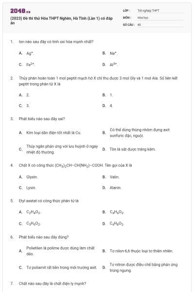 (2023) Đề thi thử Hóa THPT Nghèn, Hà Tĩnh (Lần 1) có đáp án