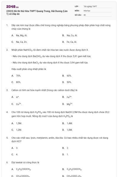 (2023) Đề thi thử Hóa THPT Quang Trung, Hải Dương (Lần 1) có đáp án