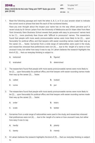[Năm 2022] Đề thi thử môn Tiếng anh THPT Quốc gia có lời giải (20 đề)
