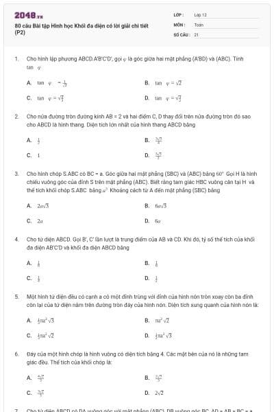 80 câu Bài tập Hình học Khối đa diện có lời giải chi tiết (P2)