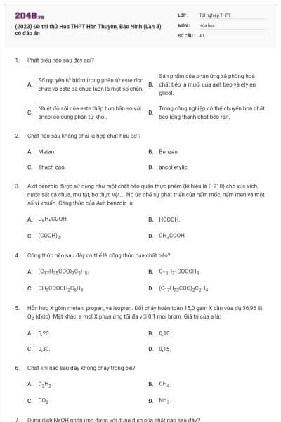 (2023) Đề thi thử Hóa THPT Hàn Thuyên, Bắc Ninh (Lần 3) có đáp án