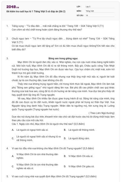 Đề kiểm tra cuối học kì 1 Tiếng Việt 5 có đáp án (Đề 2)