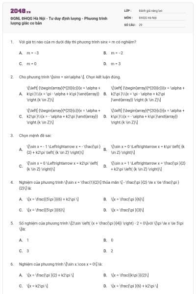 ĐGNL ĐHQG Hà Nội - Tư duy định lượng - Phương trình lượng giác cơ bản