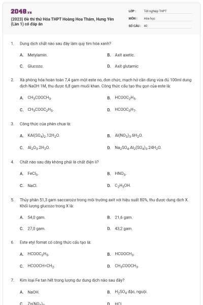 (2023) Đề thi thử Hóa THPT Hoàng Hoa Thám, Hưng Yên (Lần 1) có đáp án