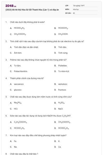 (2023) Đề thi thử Hóa Sở GD Thanh Hóa (Lần 1) có đáp án