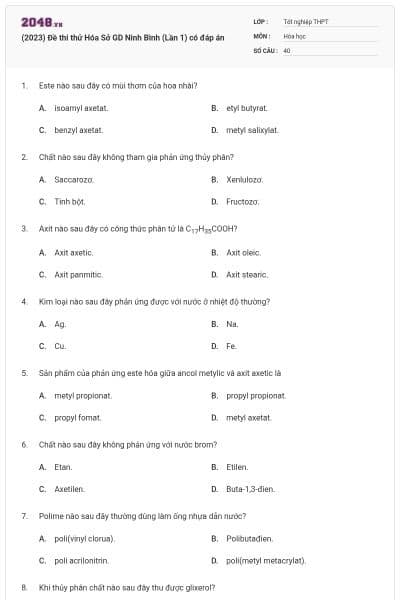 (2023) Đề thi thử Hóa Sở GD Ninh Bình (Lần 1) có đáp án