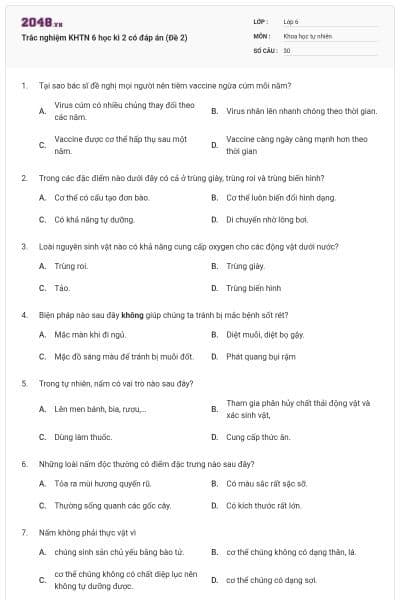 Trắc nghiệm KHTN 6 học kì 2 có đáp án (Đề 2)