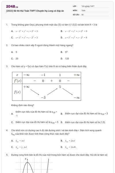 (2023) Đề thi thử Toán THPT Chuyên Hạ Long có đáp án
