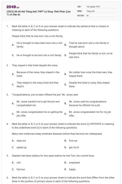 (2023) Đề thi thử Tiếng Anh THPT Lê Xoay, Vĩnh Phúc (Lần 1) có đáp án