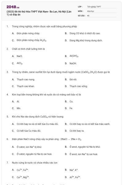 (2023) Đề thi thử Hóa THPT Việt Nam- Ba Lan, Hà Nội (Lần 1) có đáp án