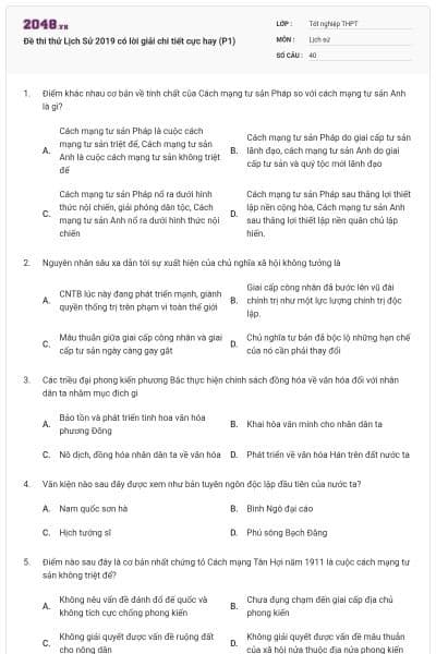 Đề thi thử Lịch Sử 2019 có lời giải chi tiết cực hay (P1)