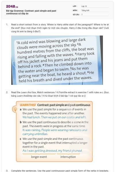 Bài tập Grammar. Contrast: past simple and past continuous có đáp án