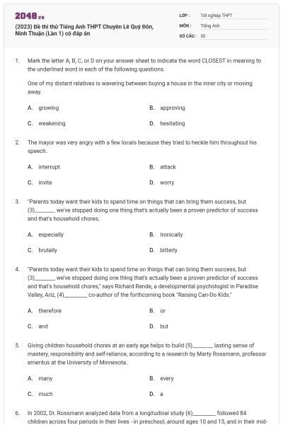 (2023) Đề thi thử Tiếng Anh THPT Chuyên Lê Quý Đôn, Ninh Thuận (Lần 1) có đáp án