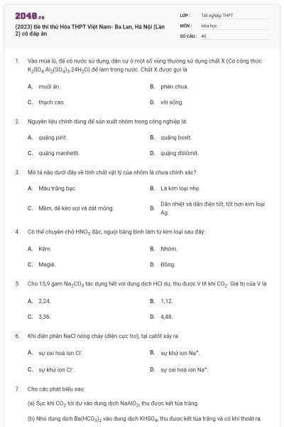 (2023) Đề thi thử Hóa THPT Việt Nam- Ba Lan, Hà Nội (Lần 2) có đáp án
