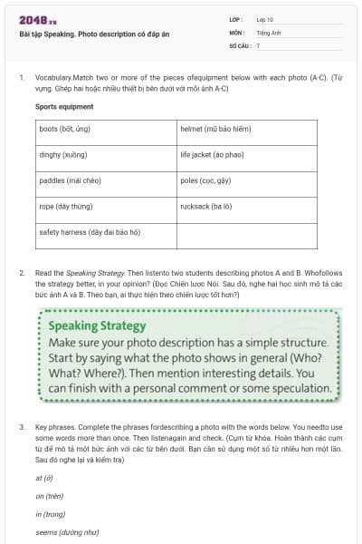 Bài tập Speaking. Photo description có đáp án