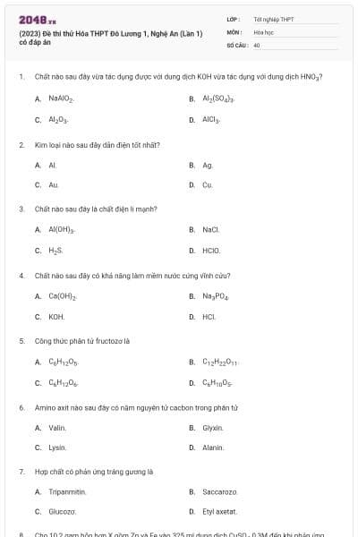 (2023) Đề thi thử Hóa THPT Đô Lương 1, Nghệ An (Lần 1) có đáp án