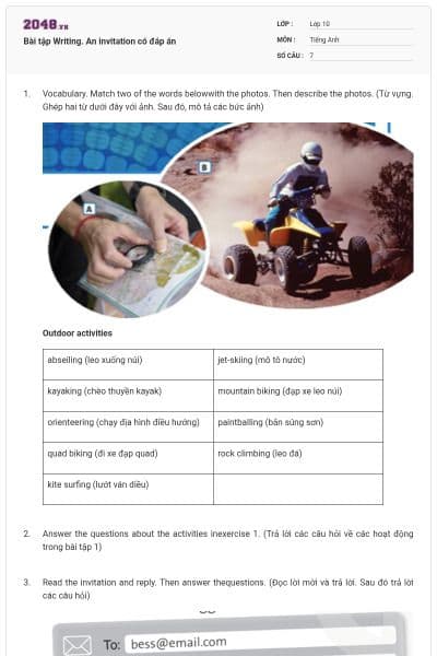 Bài tập Writing. An invitation có đáp án