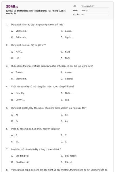 (2023) Đề thi thử Hóa THPT Bạch Đằng, Hải Phòng (Lần 1) có đáp án