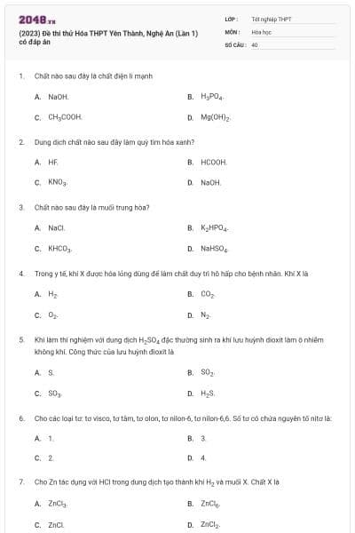(2023) Đề thi thử Hóa THPT Yên Thành, Nghệ An (Lần 1) có đáp án