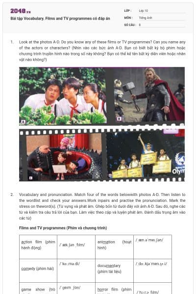 Bài tập Vocabulary. Films and TV programmes có đáp án