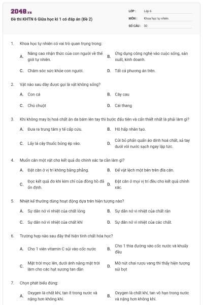 Đề thi KHTN 6 Giữa học kì 1 có đáp án (Đề 2)