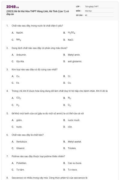 (2023) Đề thi thử Hóa THPT Hồng Lĩnh, Hà Tĩnh (Lần 1) có đáp án